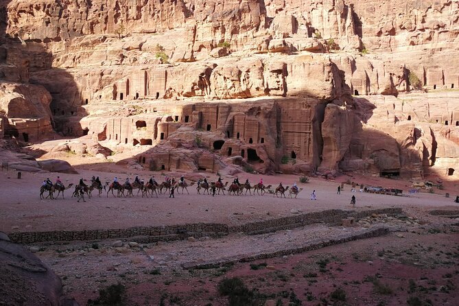 Camels resting below the tomb fronts cut into the cliff at Petra