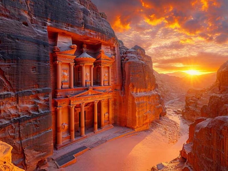 Low sun on the Treasury at Petra, with the canyon in shadow around it