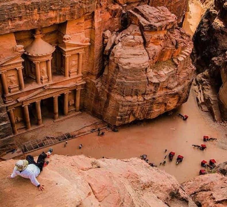 The Treasury at Petra seen from the cliff path above its forecourt