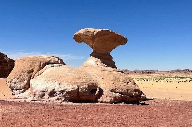 A wind-cut mushroom rock standing alone on the floor of Wadi Rum